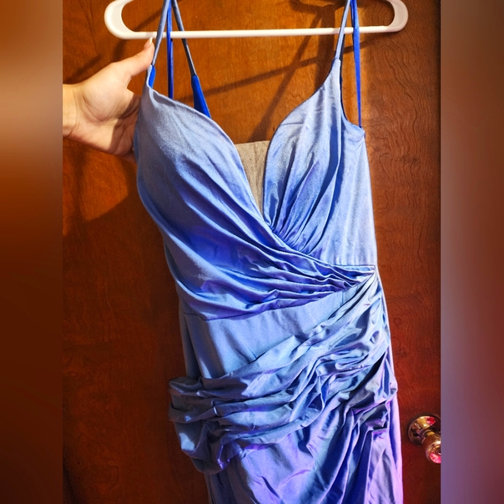 Fitted Blue Prom Hoco Dress with train and leg slit